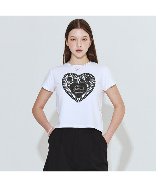 DAMISH(ダミシュ)の「レースハートTシャツ_ホワイト(ブラック)(Tシャツ/カットソー・レディース・ホワイト・SMALL/MEDIUM)」の1枚目の写真