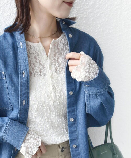 手洗い可能〉ラメ ラッセル レース ヘンリー ネック 2WAY プルオーバー