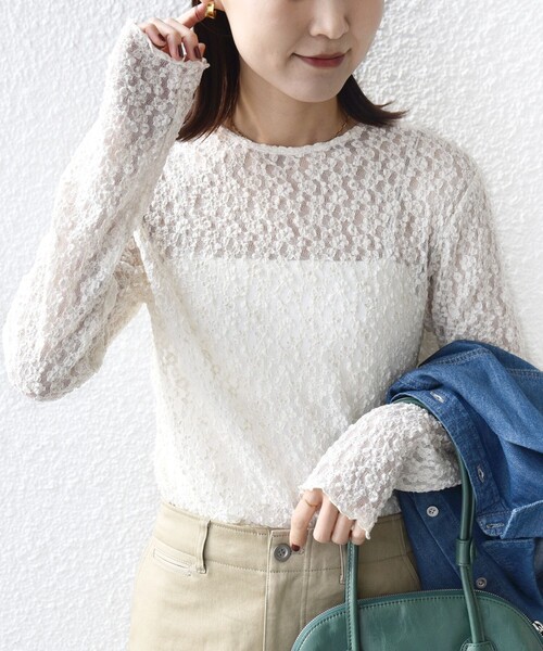 手洗い可能〉ラメ ラッセル レース ヘンリー ネック 2WAY プルオーバー