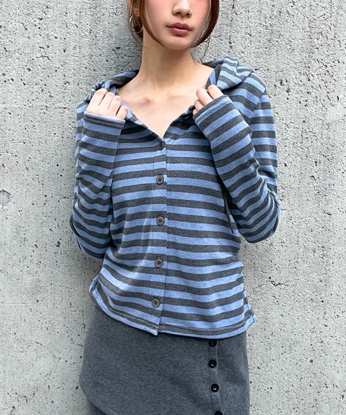 3.3 Field Trip （3.3フィールドトリップ）の「3.3 Field Trip／ボーダーフーディーカーディガン（カーディガン/ボレロ・レディース・アイボリー/ブルー/グレー・FREE）」の8枚目の写真