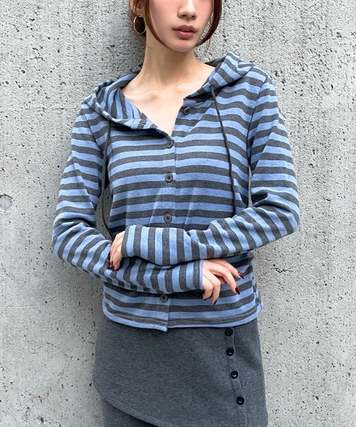 3.3 Field Trip （3.3フィールドトリップ）の「3.3 Field Trip／ボーダーフーディーカーディガン（カーディガン/ボレロ・レディース・アイボリー/ブルー/グレー・FREE）」の7枚目の写真