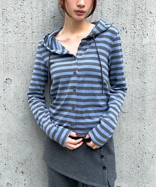 3.3 Field Trip （3.3フィールドトリップ）の「3.3 Field Trip／ボーダーフーディーカーディガン（カーディガン/ボレロ・レディース・アイボリー/ブルー/グレー・FREE）」の6枚目の写真