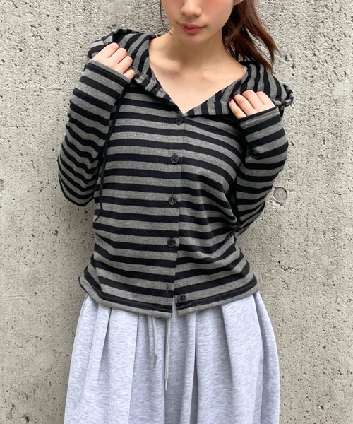 3.3 Field Trip （3.3フィールドトリップ）の「3.3 Field Trip／ボーダーフーディーカーディガン（カーディガン/ボレロ・レディース・アイボリー/ブルー/グレー・FREE）」の11枚目の写真