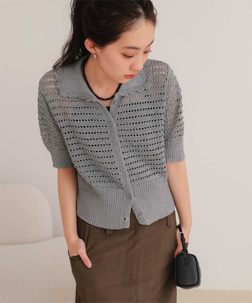 miette(ミエット)の「透かし編み半袖ニットカーディガン(カーディガン/ボレロ・レディース・グレー/ネイビー/ブラック/レッド/ライトグリーン・L/M/S)」の3枚目の写真