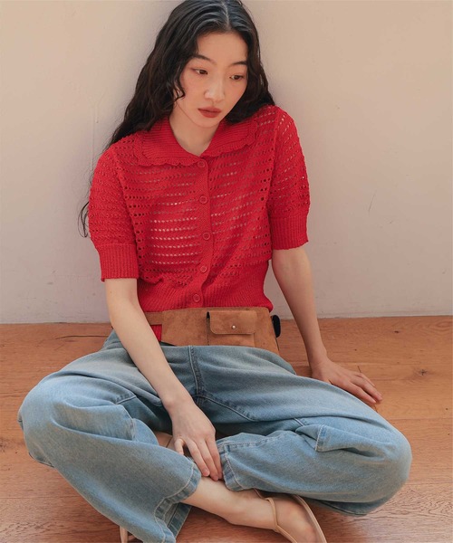miette(ミエット)の「透かし編み半袖ニットカーディガン(カーディガン/ボレロ・レディース・グレー/ネイビー/ブラック/レッド/ライトグリーン・L/M/S)」の5枚目の写真