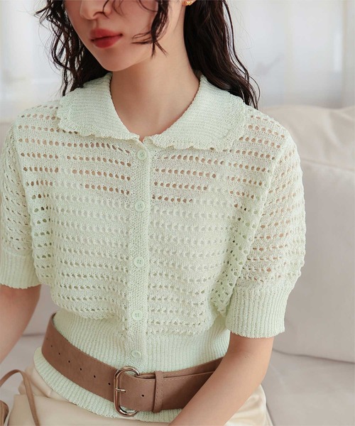 miette(ミエット)の「透かし編み半袖ニットカーディガン(カーディガン/ボレロ・レディース・グレー/ネイビー/ブラック/レッド/ライトグリーン・L/M/S)」の1枚目の写真