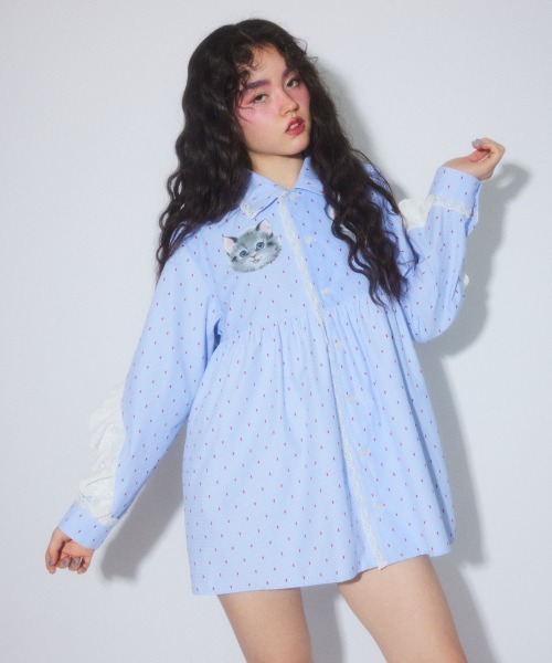 Candy Stripper（キャンディストリッパー）の「TINY CAT SHIRT ワンピース（シャツワンピース・レディース・ブラック/ライトブルー・FREE）」の5枚目の写真