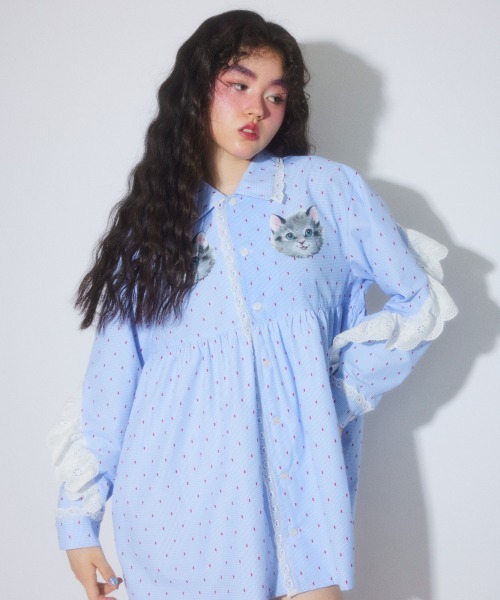 Candy Stripper（キャンディストリッパー）の「TINY CAT SHIRT ワンピース（シャツワンピース・レディース・ブラック/ライトブルー・FREE）」の8枚目の写真