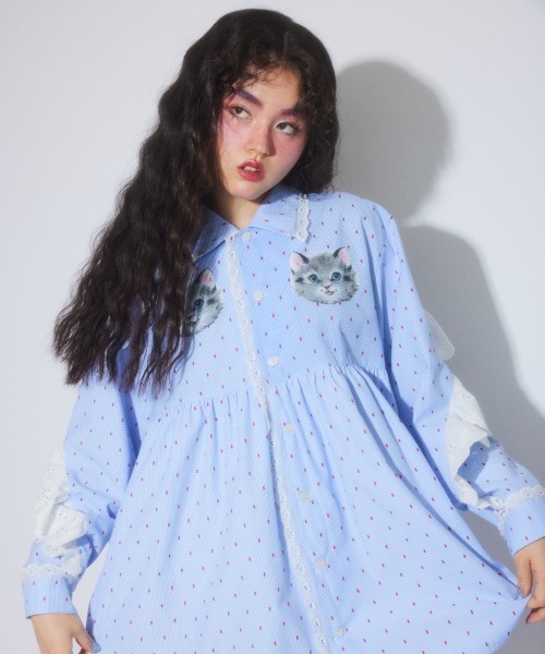 Candy Stripper（キャンディストリッパー）の「TINY CAT SHIRT ワンピース（シャツワンピース・レディース・ブラック/ライトブルー・FREE）」の9枚目の写真