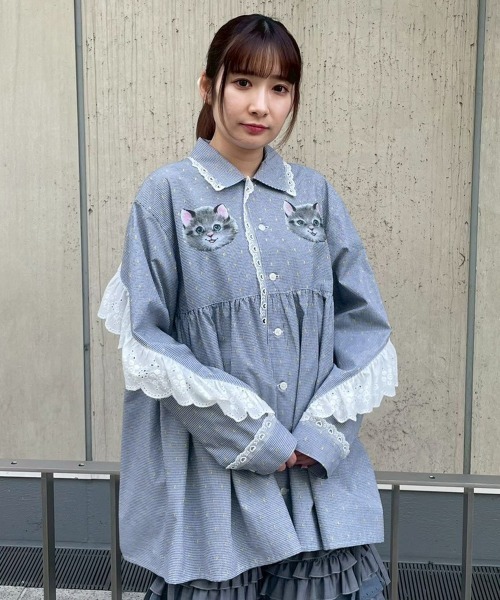 Candy Stripper（キャンディストリッパー）の「TINY CAT SHIRT ワンピース（シャツワンピース・レディース・ブラック/ライトブルー・FREE）」の11枚目の写真