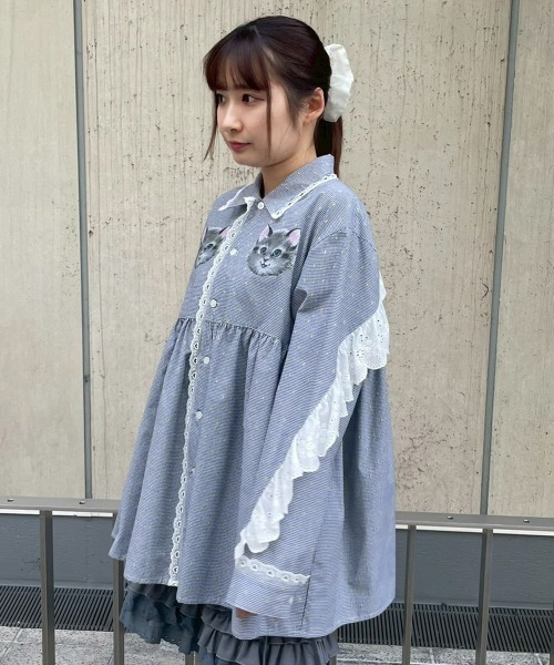 Candy Stripper（キャンディストリッパー）の「TINY CAT SHIRT ワンピース（シャツワンピース・レディース・ブラック/ライトブルー・FREE）」の12枚目の写真