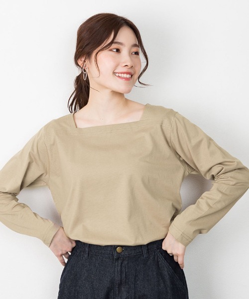 aity(アイティ)の「M-5L コットンスクエアネック無地カットソー 夏服(Tシャツ/カットソー・レディース・ブラック/オフホワイト/グレイッシュベージュ/チャコールグレー/モカ・M~L/4L~5L/LL~3L)」の1枚目の写真