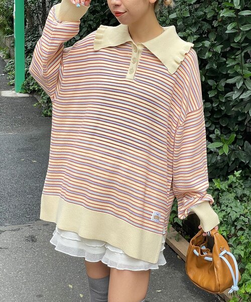 HELLO.SANFRANCISCO(ハローサンフランシスコ)の「【HELLO.SANFRANCISCO/ハローサンフランシスコ】ビッグカラーボーダーポロニット(ニット/セーター・レディース・アイボリー/ブルー/イエロー・ONE SIZE)」の2枚目の写真