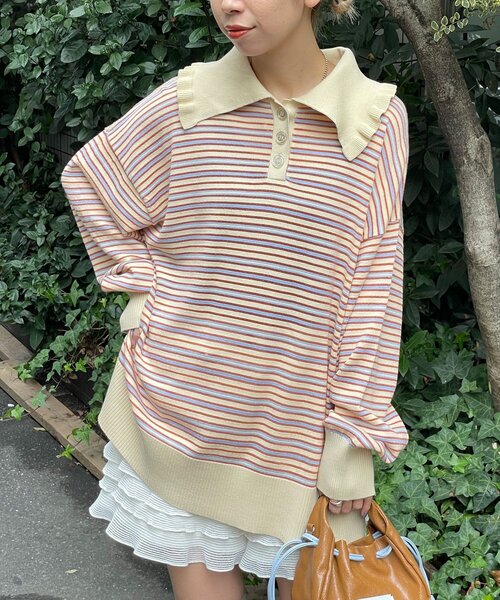 HELLO.SANFRANCISCO(ハローサンフランシスコ)の「【HELLO.SANFRANCISCO/ハローサンフランシスコ】ビッグカラーボーダーポロニット(ニット/セーター・レディース・アイボリー/ブルー/イエロー・ONE SIZE)」の4枚目の写真