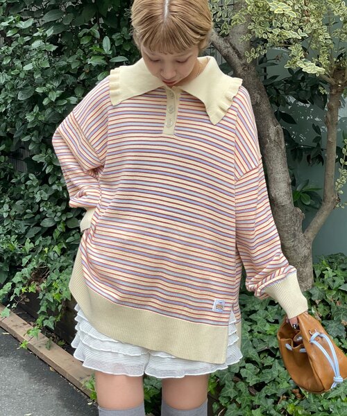 HELLO.SANFRANCISCO(ハローサンフランシスコ)の「【HELLO.SANFRANCISCO/ハローサンフランシスコ】ビッグカラーボーダーポロニット(ニット/セーター・レディース・アイボリー/ブルー/イエロー・ONE SIZE)」の5枚目の写真