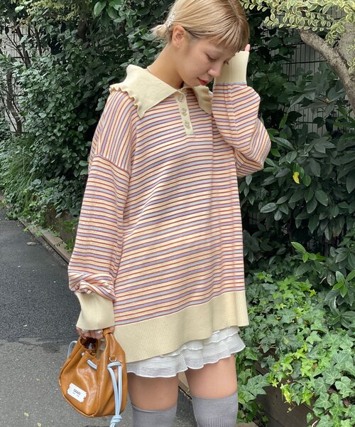 HELLO.SANFRANCISCO(ハローサンフランシスコ)の「【HELLO.SANFRANCISCO/ハローサンフランシスコ】ビッグカラーボーダーポロニット(ニット/セーター・レディース・アイボリー/ブルー/イエロー・ONE SIZE)」の6枚目の写真
