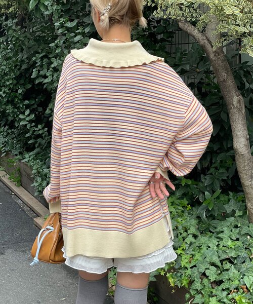 HELLO.SANFRANCISCO(ハローサンフランシスコ)の「【HELLO.SANFRANCISCO/ハローサンフランシスコ】ビッグカラーボーダーポロニット(ニット/セーター・レディース・アイボリー/ブルー/イエロー・ONE SIZE)」の8枚目の写真