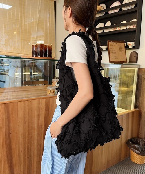 Miniministore（ミニミニストア）の「フリンジトートバッグ折りたたみエコバッグ（トートバッグ・レディース・アイボリー/ブラック・FREE）」の2枚目の写真