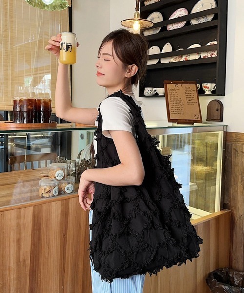 Miniministore（ミニミニストア）の「フリンジトートバッグ折りたたみエコバッグ（トートバッグ・レディース・アイボリー/ブラック・FREE）」の9枚目の写真