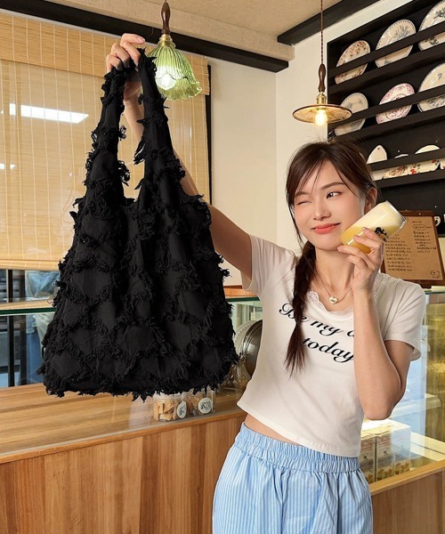 Miniministore（ミニミニストア）の「フリンジトートバッグ折りたたみエコバッグ（トートバッグ・レディース・アイボリー/ブラック・FREE）」の16枚目の写真
