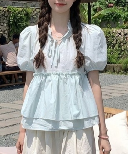 Puff Sleeve ウエストギャザーフリル полупрозрачная футболка с коротким рукавом (puff sleeve)