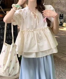 パフスリーブウエストギャザーフリル半袖ブラウス