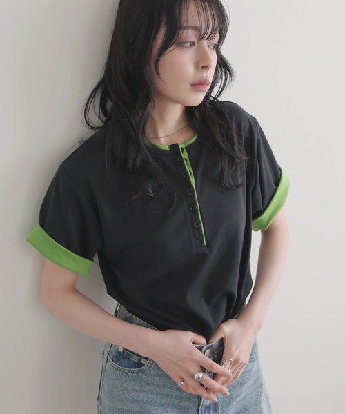LIAN(リアン)の「バイカラーヘンリーネックTシャツ(Tシャツ/カットソー・レディース・ブラック/グレー/オフホワイト/ブルー・FREE)」の21枚目の写真
