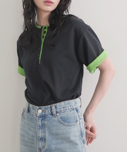 LIAN(リアン)の「バイカラーヘンリーネックTシャツ(Tシャツ/カットソー・レディース・ブラック/グレー/オフホワイト/ブルー・FREE)」の13枚目の写真