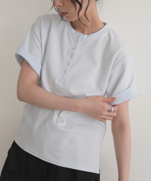 LIAN(リアン)の「バイカラーヘンリーネックTシャツ(Tシャツ/カットソー・レディース・ブラック/グレー/オフホワイト/ブルー・FREE)」の16枚目の写真