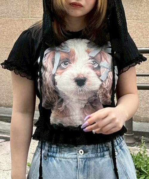 Candy Stripper(キャンディストリッパー)の「DOG PRINT FRILL Tシャツ(Tシャツ/カットソー・レディース・ブラック/ヘザーグレー/オフホワイト・FREE)」の2枚目の写真