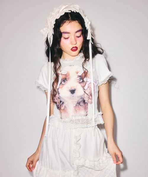 Candy Stripper(キャンディストリッパー)の「DOG PRINT FRILL Tシャツ(Tシャツ/カットソー・レディース・ブラック/ヘザーグレー/オフホワイト・FREE)」の21枚目の写真