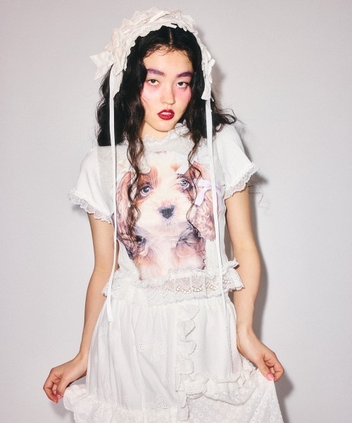 Candy Stripper(キャンディストリッパー)の「DOG PRINT FRILL Tシャツ(Tシャツ/カットソー・レディース・ブラック/ヘザーグレー/オフホワイト・FREE)」の22枚目の写真