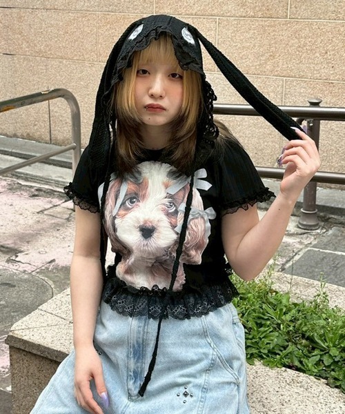 Candy Stripper(キャンディストリッパー)の「DOG PRINT FRILL Tシャツ(Tシャツ/カットソー・レディース・ブラック/ヘザーグレー/オフホワイト・FREE)」の4枚目の写真