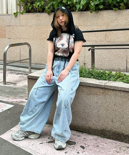 Candy Stripper(キャンディストリッパー)の「DOG PRINT FRILL Tシャツ(Tシャツ/カットソー・レディース・ブラック/ヘザーグレー/オフホワイト・FREE)」の5枚目の写真
