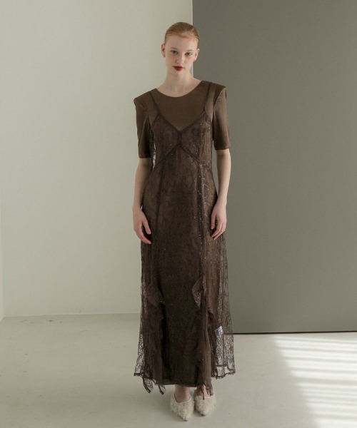 DONOBAN(ドノバン)の「【ANDRESD】sparkle lace satin dress 結婚式 パーティードレス オケージョンドレス お呼ばれ 二次会 成人式 同窓会(ワンピース・レディース・ブラウン/ブラウン系その他/ブラック・L/M/S)」の2枚目の写真