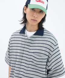 GOSTREET（ゴーストリート）の「オーバーサイズストライプニットカラー半袖シャツグレー（Tシャツ/カットソー）」