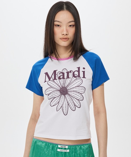 Mardi Mercredi(マルディメクルディ)の「SLIM TSHIRT RAGLAN FLOWERMARDI / スリム Tシャツ ラグラン フラワーマルディ(Tシャツ/カットソー・レディース・ホワイト×ブルー/ホワイト×ピンク/ホワイト×パープル・FREE)」の2枚目の写真