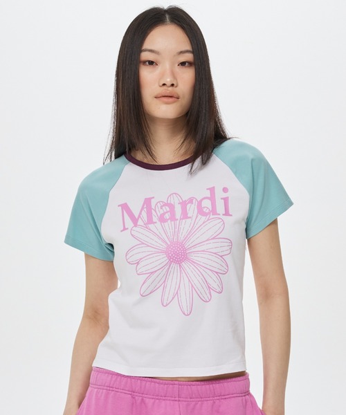 Mardi Mercredi(マルディメクルディ)の「SLIM TSHIRT RAGLAN FLOWERMARDI / スリム Tシャツ ラグラン フラワーマルディ(Tシャツ/カットソー・レディース・ホワイト×ブルー/ホワイト×ピンク/ホワイト×パープル・FREE)」の3枚目の写真