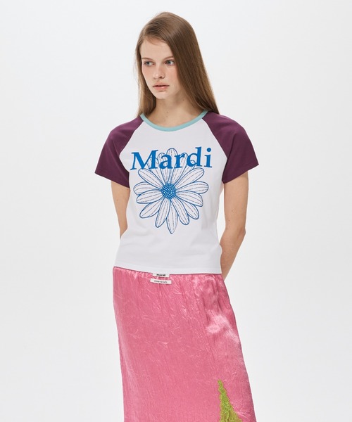 Mardi Mercredi(マルディメクルディ)の「SLIM TSHIRT RAGLAN FLOWERMARDI / スリム Tシャツ ラグラン フラワーマルディ(Tシャツ/カットソー・レディース・ホワイト×ブルー/ホワイト×ピンク/ホワイト×パープル・FREE)」の8枚目の写真