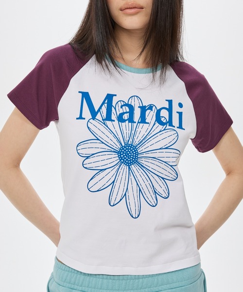Mardi Mercredi(マルディメクルディ)の「SLIM TSHIRT RAGLAN FLOWERMARDI / スリム Tシャツ ラグラン フラワーマルディ(Tシャツ/カットソー・レディース・ホワイト×ブルー/ホワイト×ピンク/ホワイト×パープル・FREE)」の4枚目の写真