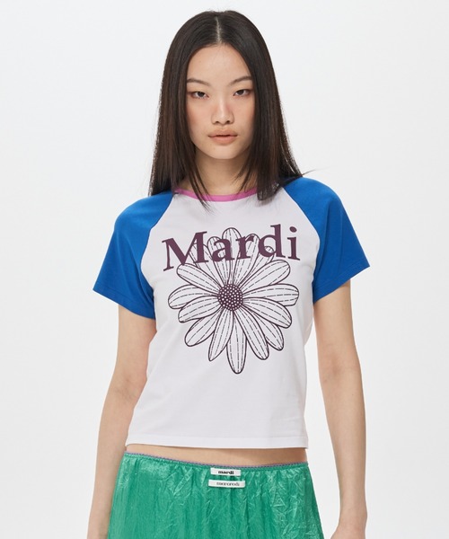Mardi Mercredi(マルディメクルディ)の「SLIM TSHIRT RAGLAN FLOWERMARDI / スリム Tシャツ ラグラン フラワーマルディ(Tシャツ/カットソー・レディース・ホワイト×ブルー/ホワイト×ピンク/ホワイト×パープル・FREE)」の10枚目の写真