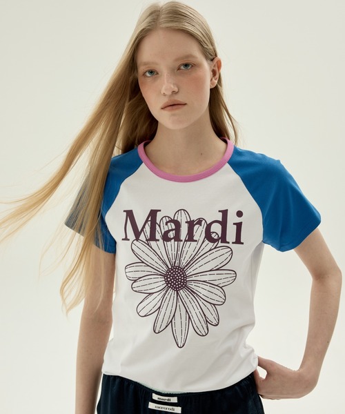Mardi Mercredi(マルディメクルディ)の「SLIM TSHIRT RAGLAN FLOWERMARDI / スリム Tシャツ ラグラン フラワーマルディ(Tシャツ/カットソー・レディース・ホワイト×ブルー/ホワイト×ピンク/ホワイト×パープル・FREE)」の13枚目の写真