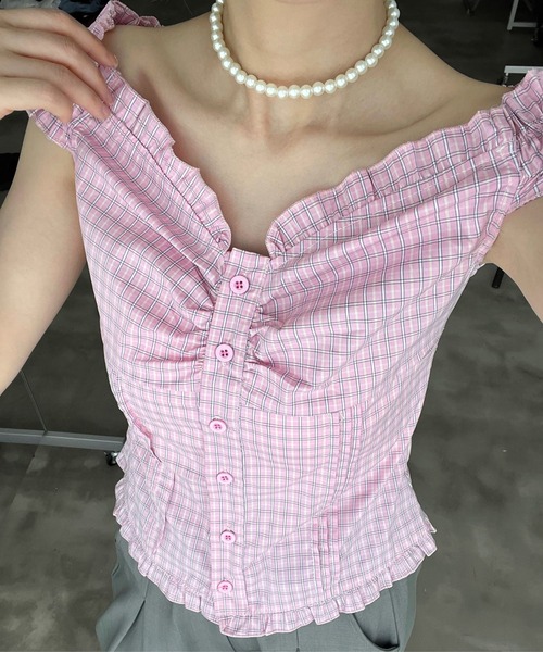mul.(ムル)の「オフショルフロントカットソー(Tシャツ/カットソー・レディース・サックスブルー/ピンク・FREE)」の3枚目の写真