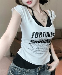 キャミレイヤード風ロゴプリントTシャツ