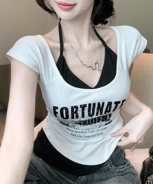 Riff（リフ）の「キャミレイヤード風ロゴプリントTシャツ（Tシャツ/カットソー・レディース・ホワイト/ブラック・FREE）」の5枚目の写真