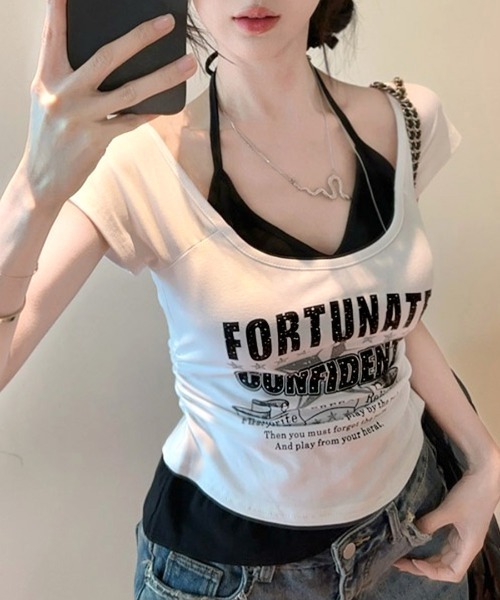 Riff（リフ）の「キャミレイヤード風ロゴプリントTシャツ（Tシャツ/カットソー・レディース・ホワイト/ブラック・FREE）」の6枚目の写真