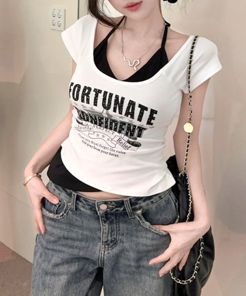Riff（リフ）の「キャミレイヤード風ロゴプリントTシャツ（Tシャツ/カットソー・レディース・ホワイト/ブラック・FREE）」の9枚目の写真