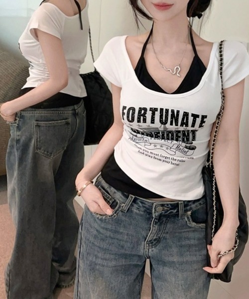 Riff（リフ）の「キャミレイヤード風ロゴプリントTシャツ（Tシャツ/カットソー・レディース・ホワイト/ブラック・FREE）」の10枚目の写真