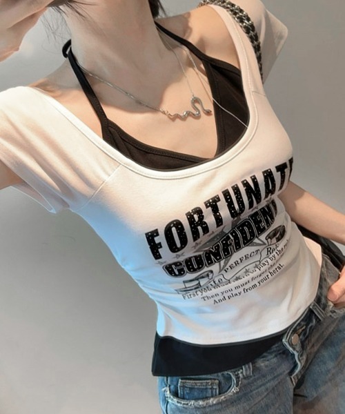 Riff（リフ）の「キャミレイヤード風ロゴプリントTシャツ（Tシャツ/カットソー・レディース・ホワイト/ブラック・FREE）」の11枚目の写真