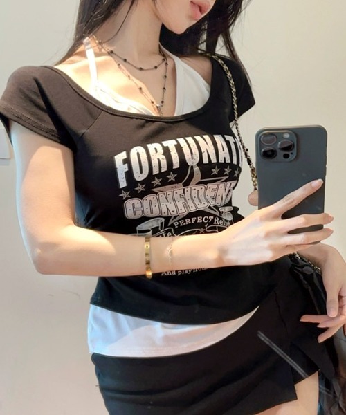 Riff（リフ）の「キャミレイヤード風ロゴプリントTシャツ（Tシャツ/カットソー・レディース・ホワイト/ブラック・FREE）」の20枚目の写真